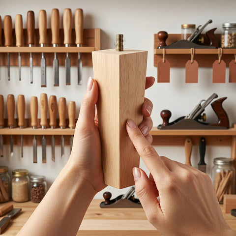 Heavy Duty Wood Square Furniture Legs Set With Screws 6.7 Inch Replacement Feet being inspected in a workshop