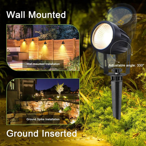 Low Voltage Landscape Lighting Kit 6 Pack 12V LED Outdoor Spotlights with Plug In Transformer for Yard Garden Pathway Lawn Decor Waterproof suitable for wall mount or ground insert installation.