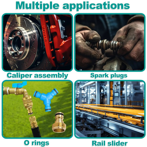 Collage of automotive components showing caliper assembly, spark plugs, O-rings, and rail slider.