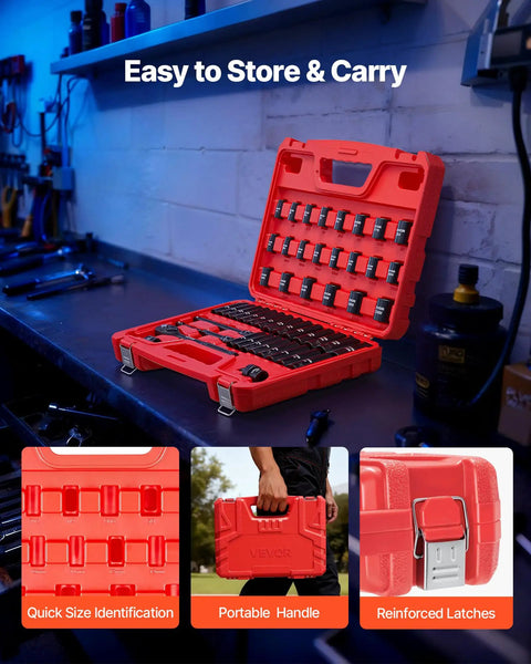 3/8 Inch Drive Impact Socket Set, 50-Piece SAE 5/16 to 3/4 Inch and Metric 8-22mm in a red carrying case on a workbench