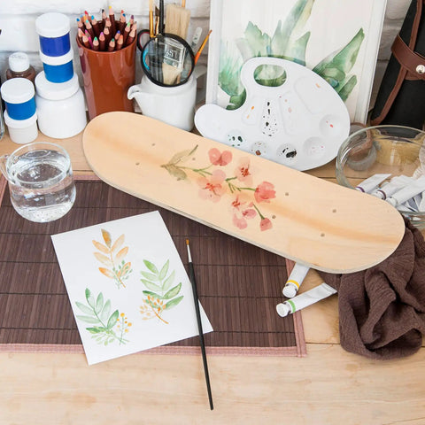 Blank Unfinished 7 Ply Wooden Skateboard Deck With Double Tail For Art Painting And Do It Yourself DIY Custom Builds Replacement Deck For Home Decor And Creative Projects with flower design.
