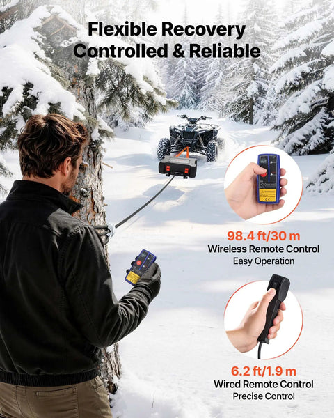 Beefy Portable 4500 Lbs 12V DC Electric Winch With Synthetic Rope Wireless And Wired Remotes Box Style Recovery Kit With Fairlead Clevis Hook And Straps For ATV UTV Off Road Pulling on ATV in snow