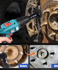 Wheel Hub Cleaning Kit With 15 Cleaning Pads, Holder And Adapter For Power Drill Or Half Inch Impact Wrenches in use on rusty hub