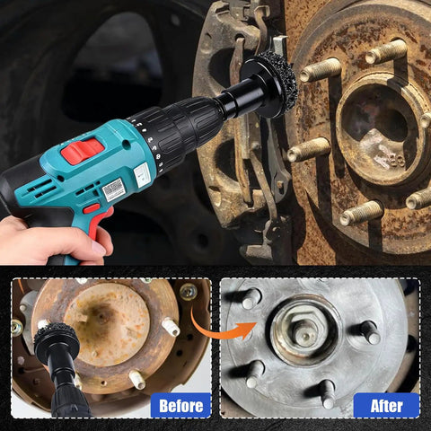 Wheel Hub Cleaning Kit With 15 Cleaning Pads, Holder And Adapter For Power Drill Or Half Inch Impact Wrenches in use on rusty hub
