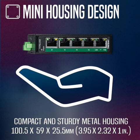 Industrial 5 Port Gigabit PoE Plus DIN Rail Mini Switch with 4 PoE Plus Ports and 1 Gigabit Port, 90W PoE budget, compact design