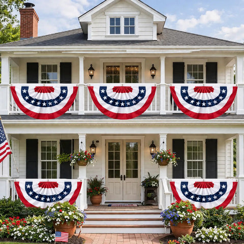 Front porch with 3x6 Ft Pleated American Bunting Flags Outdoor Set For 4th Of July And 250th Anniversary, USA Patriotic Banner Decor.