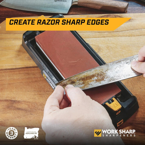 Pro Grade Kickass Benchtop Whetstone Knife Sharpener With 1000/6000 Grit Corundum Stones in use on wooden table