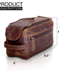 Premium Travel Wash Bag For Men And Women Rock Solid Buffalo Leather Shaving Kit Pouch with dimensions 9.3" x 5" x 4.3".