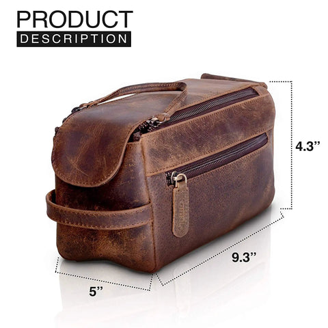 Premium Travel Wash Bag For Men And Women Rock Solid Buffalo Leather Shaving Kit Pouch with dimensions 9.3" x 5" x 4.3".