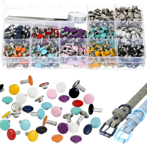 Colorful Leather Rivets Kit 380 Sets 8mm And 8x10mm 8x7mm Silver Double Cap Rivets With Tool DIY Kit with colorful rivets in box