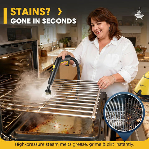 Woman using 2-in-1 Heavy Duty Steam Mop 1500W Power to clean an oven rack with steam, demonstrating its high temp chemical-free cleaning.