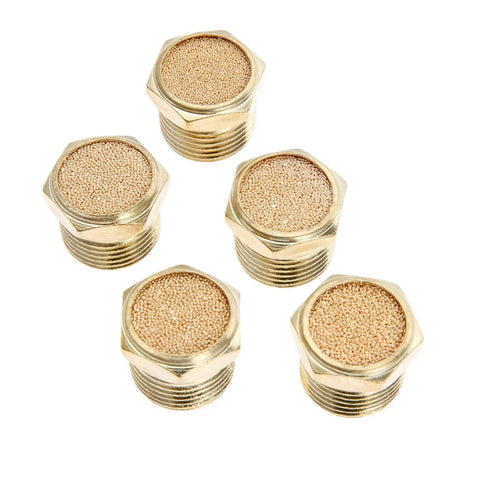 5 Pack Three Eighths Inch Brass Mufflers For Pneumatic Systems Air Silencers With Hex Sintered Bronze Filter And Male Thread NPT Fittings