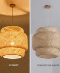 Hand Woven Bamboo Pendant Light With Natural Rattan Basket Shade Dope Beige Bamboo Chandelier with Wood Canopy, lit vs unlit view
