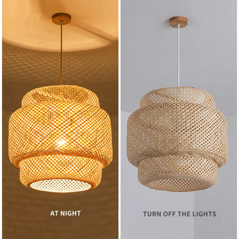 Hand Woven Bamboo Pendant Light With Natural Rattan Basket Shade Dope Beige Bamboo Chandelier with Wood Canopy, lit vs unlit view