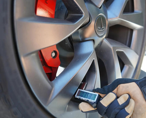 Checking wheel with Brake Rotor Gauge With Large Digital Display Caliper For Quick In Wheel Measurements 0 To 3.2 Inch Range 0.0005 Inch Resolution Protective Case Included Garage Ready For Auto Shops And Home Diy Projects