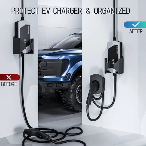 Tough As Nails Wall Mount EV Charger Holder And Cable Organizer Set With Adjustable Nozzle Holster Dock For SAE J1772 displaying organized cables.