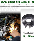 16 Piece Pro Grade Piston Ring Compressor Tool Set With Pliers, Ring Spreader, And 14 Band Ratchet in use on engine
