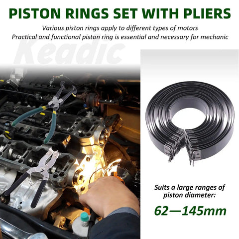 16 Piece Pro Grade Piston Ring Compressor Tool Set With Pliers, Ring Spreader, And 14 Band Ratchet in use on engine