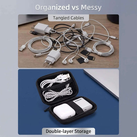 Comparison of tangled cables and a neat setup in the Pink EVA Hardshell Gadget Organizer Pouch With Cord Holder For Travel Electronics Storage.