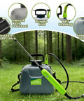 Battery Powered Sprayer 1.35 Gallon For Lawn And Garden with green nozzle and handle, adjustable shoulder strap on grass