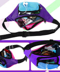80s Neon Fanny Pack With Two Zipper Pockets Belt Bag for Women and Men, purple bottom, open to show organized items inside.