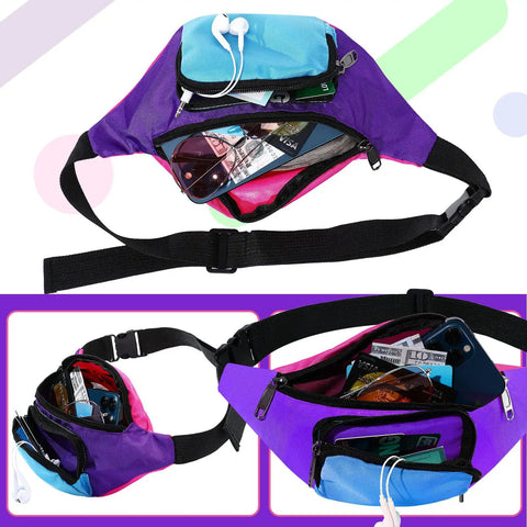 80s Neon Fanny Pack With Two Zipper Pockets Belt Bag for Women and Men, purple bottom, open to show organized items inside.