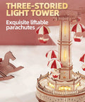 3D Wooden Puzzle Kit For Adults With LED Music Box, Buildable Wood Model, Parachute Display, a three-storied light tower