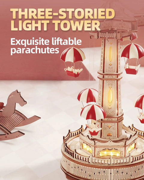 3D Wooden Puzzle Kit For Adults With LED Music Box, Buildable Wood Model, Parachute Display, a three-storied light tower