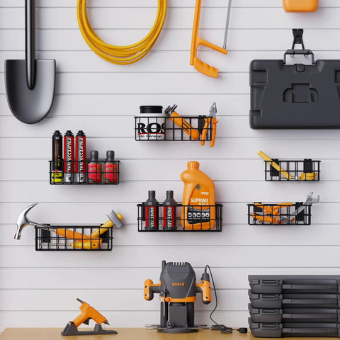 Heavy Duty Slatwall Baskets 6 Pack Black Multi Size Storage Organizer For Garage And Workshop Stackable And Space Saving Caddies