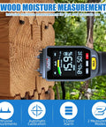 All In One Wood Moisture Meter And Digital Water Tester With Backlit LCD Display, Auto Alarm, Low Battery Indicator, Calibration And Hold Button For Wood Firewood Lumber And Floors, Measures Humidity And Temperature And Helps Detect Mold, showing probe on timber