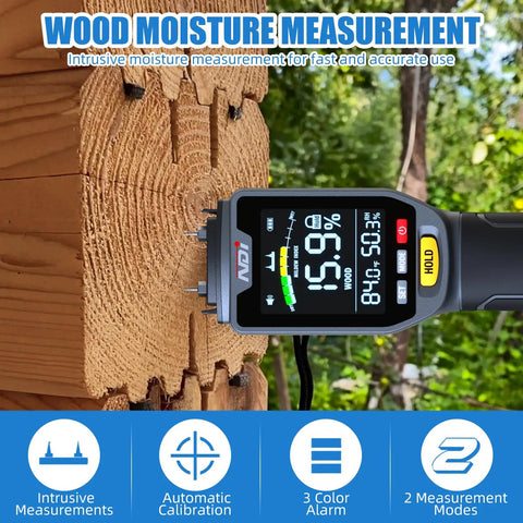 All In One Wood Moisture Meter And Digital Water Tester With Backlit LCD Display, Auto Alarm, Low Battery Indicator, Calibration And Hold Button For Wood Firewood Lumber And Floors, Measures Humidity And Temperature And Helps Detect Mold, showing probe on timber