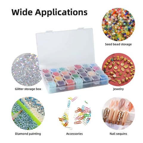 46 Piece DIY Diamond Painting Tools And Accessories Kit With Multiple Pen Sizes Tweezers Glue Diamond Correction And A 28 Bottle Storage Box For Easy Desk Organization Perfect For Adults Craft Lovers At Home image showing organized multi-use storage box for beads, jewelry, and nail art supplies.