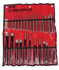 28 Piece Punch And Chisel Set With Roll Up Pouch In Chrome Vanadium And High Carbon Steel displayed in open red pouch