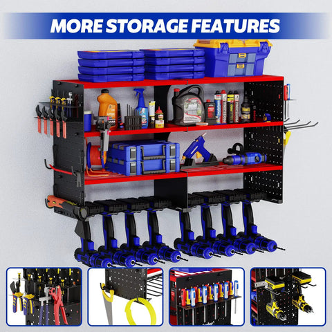 Power Tool Organizer Wall Mount, 4 Tier Heavy Duty Metal Storage Rack For Garage Shop Shed, 8 Drill Holders And Screwdriver Holder