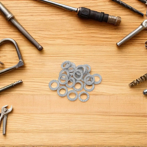 30 Pairs Tough As Nails M10 Manganese Steel Wedge Locking Washers on wooden surface with tools for hardware maintenance.