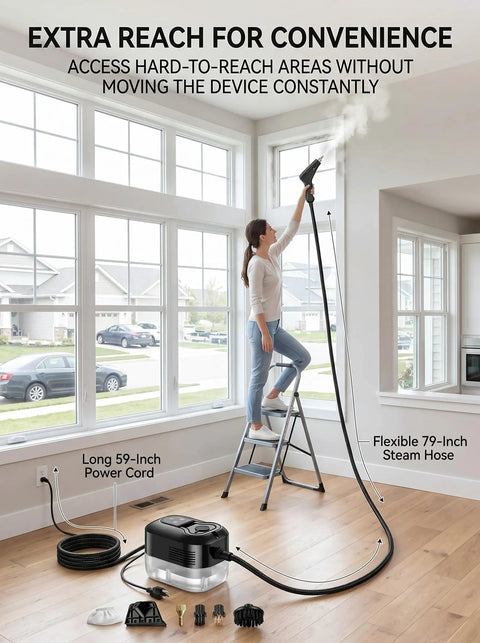Heavy Duty 2500W Handheld Steam Cleaner With 4.5 Bar Pressure And 1200Ml Tank used with 79-inch steam hose from a ladder.
