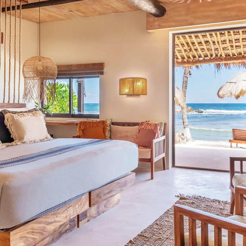 Rattan Wall Sconce Boho Light Fixture Hand Woven Hemp Rope Sconce Lighting next to bed with ocean view, modern vintage vibe