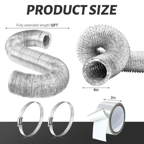 4 Inch By 12 Foot Flexible Aluminum Foil Dryer Vent Hose Kit With Stainless Steel Clamps And Aluminum Tape For Dryer Exhaust Ducting HVAC Venting Heating And Cooling Systems shown with product dimensions.