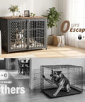 Super Smooth Setup Heavy Duty Dog Crate Furniture 42 Inch Decorative Kennel End Table Nightstand Rustic Brown Indoor Pet House Secure Playpen With Ultra Cozy Mat For Large Dogs with a dog inside.