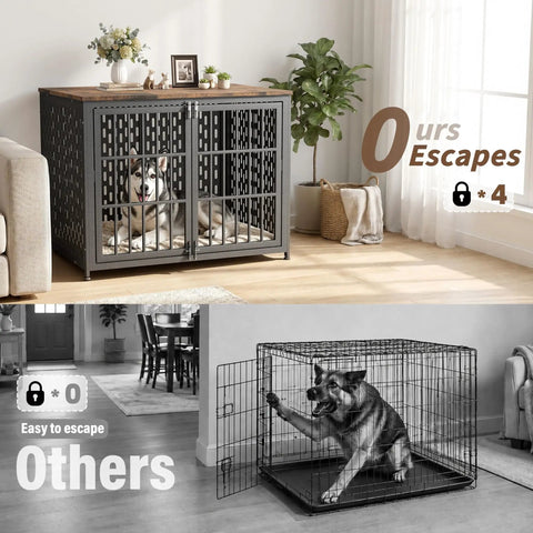 Super Smooth Setup Heavy Duty Dog Crate Furniture 42 Inch Decorative Kennel End Table Nightstand Rustic Brown Indoor Pet House Secure Playpen With Ultra Cozy Mat For Large Dogs with a dog inside.