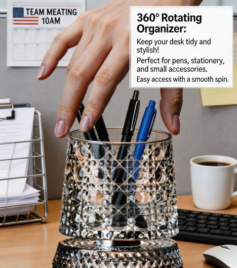 Hand reaching for pen in 360 Degree Rotating Desk Organizer Cup With Silent Swivel on a cluttered office desk.