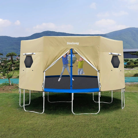 16 Foot Trampoline Tent Cover For Round Trampolines With 6 Straight Poles Or W Shape Legs, kids playing inside enclosure