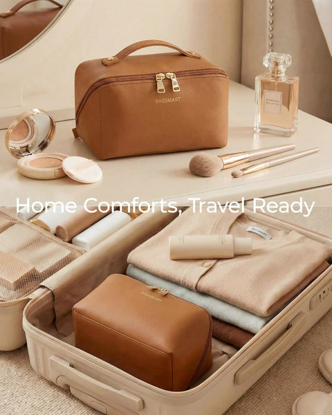 Go To Large Makeup Bag Travel Cosmetic Organizer In PU Leather Flat Open Toiletry Case For Women Wide Opening Pouch Classic Brown Finish on vanity and suitcase