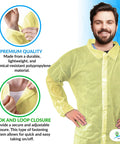 Yellow Disposable Lab Coats For Adults XL, 50 Pack, Knee Length, No Pockets, Elastic Wrists with Hook And Loop Closure