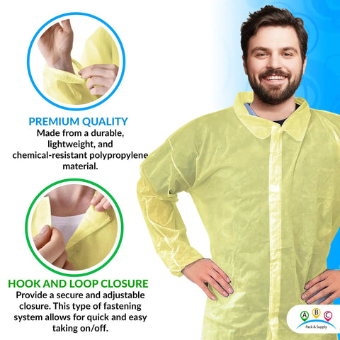 Yellow Disposable Lab Coats For Adults XL, 50 Pack, Knee Length, No Pockets, Elastic Wrists with Hook And Loop Closure