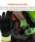 ProFlex 7041 Lime Cut Resistant Gloves With Nitrile Coated Palms, black palm shown gripping oily machinery, ANSI A4 cut protection.