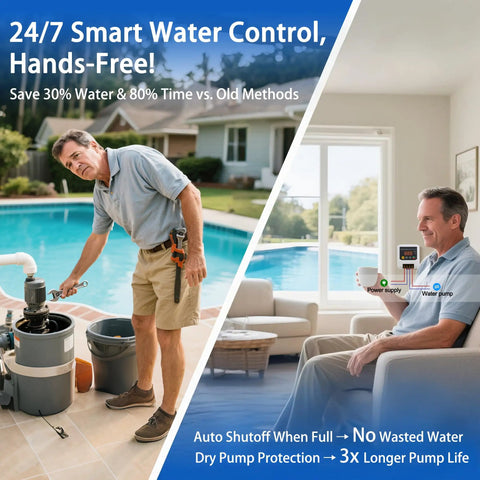 Man using Long-Range Wireless Automatic Water Level Controller for Tank, Well and Cistern, Solar-Powered system, 3Km range