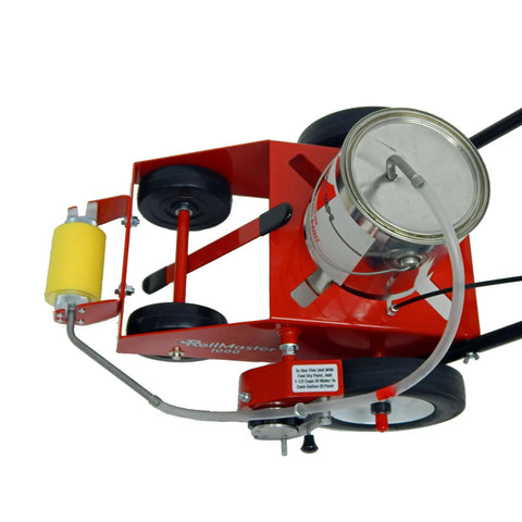 No Sweat Line Painting Machine With Four Inch Roller Kit Lightweight Foldable Build For Parking Lots Warehouses And Pickleball Courts Smooth Sailing Cleanup Made In Usa top view of red striping unit with canister and rollers