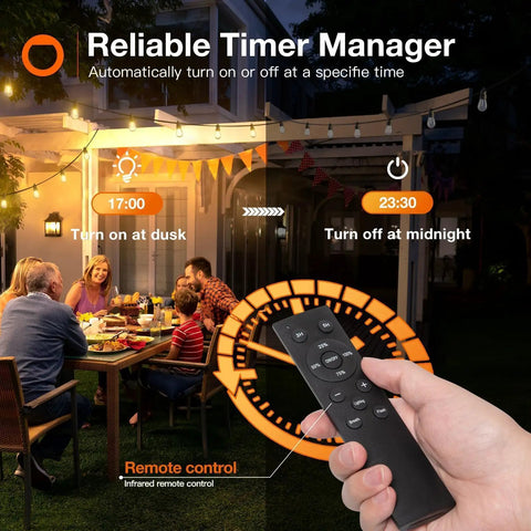Person holding remote control for 48 Feet LED Outdoor String Lights With App And Remote Control Dimmable Waterproof Patio Lighting at backyard dinner party.