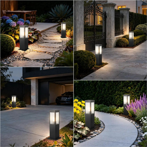 Heavy Duty Outdoor Path Light 15.75 Inches Modern Landscape Bollard with 3000K Warm Glow illuminating garden pathways at night.